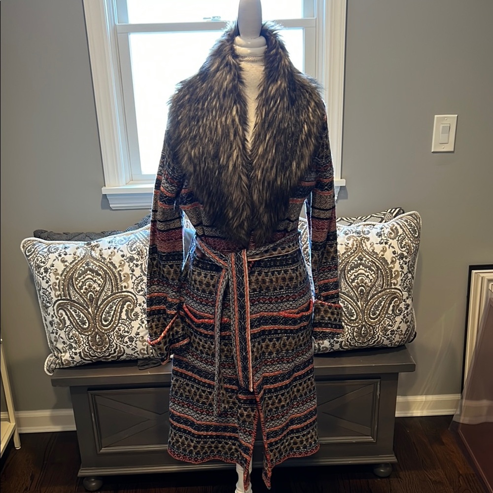 Anthropologie Chic Faux Fur Trimmed Knit Sweater Coat